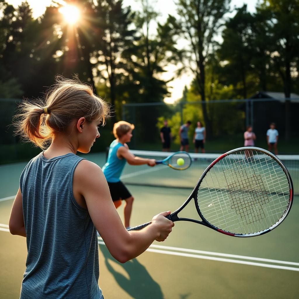 Deltagare spelar tennis i solsken